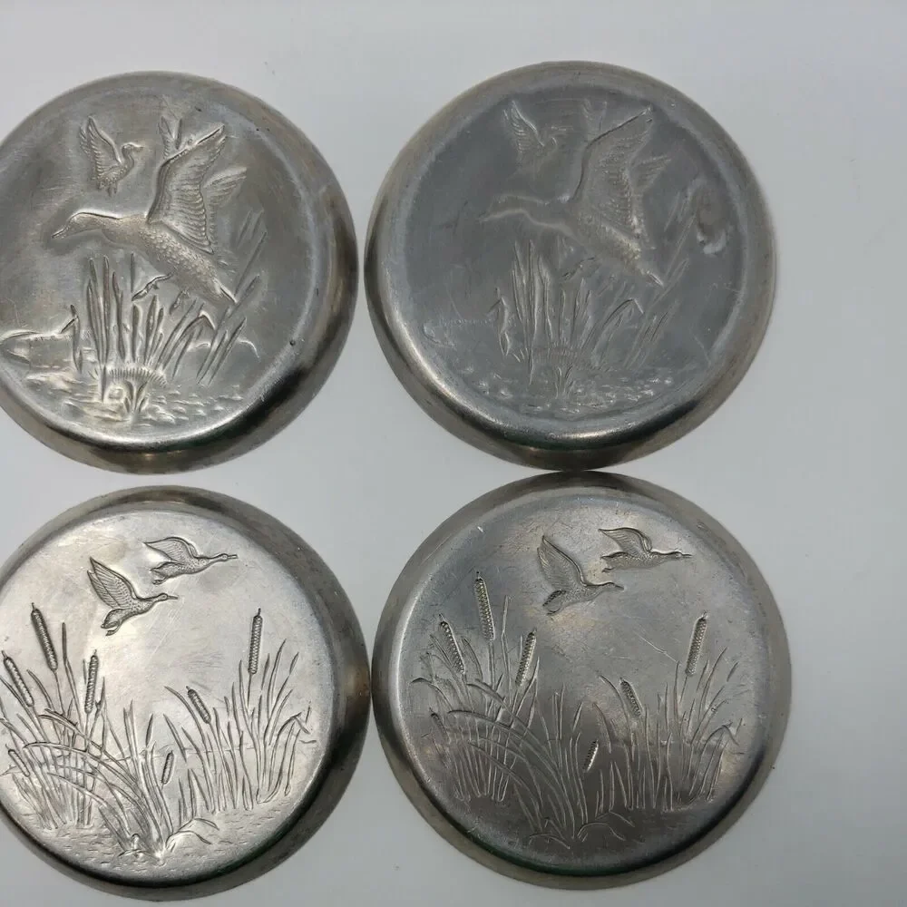 Ducks Geese Coasters Aluminum Vintage MCM 1950's Cattails Collectible